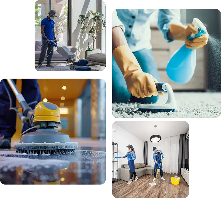 showcasing various cleaning tasks and teamwork.