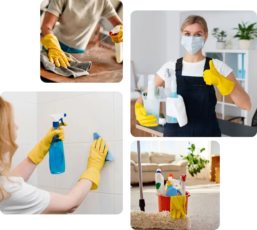 A collage of four images depicting different cleaning services