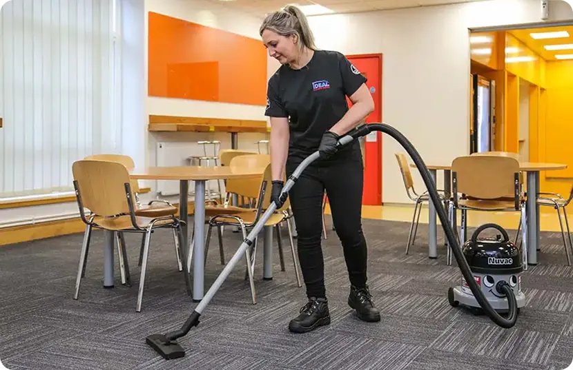 A woman operates a vacuum cleaner in a classroom